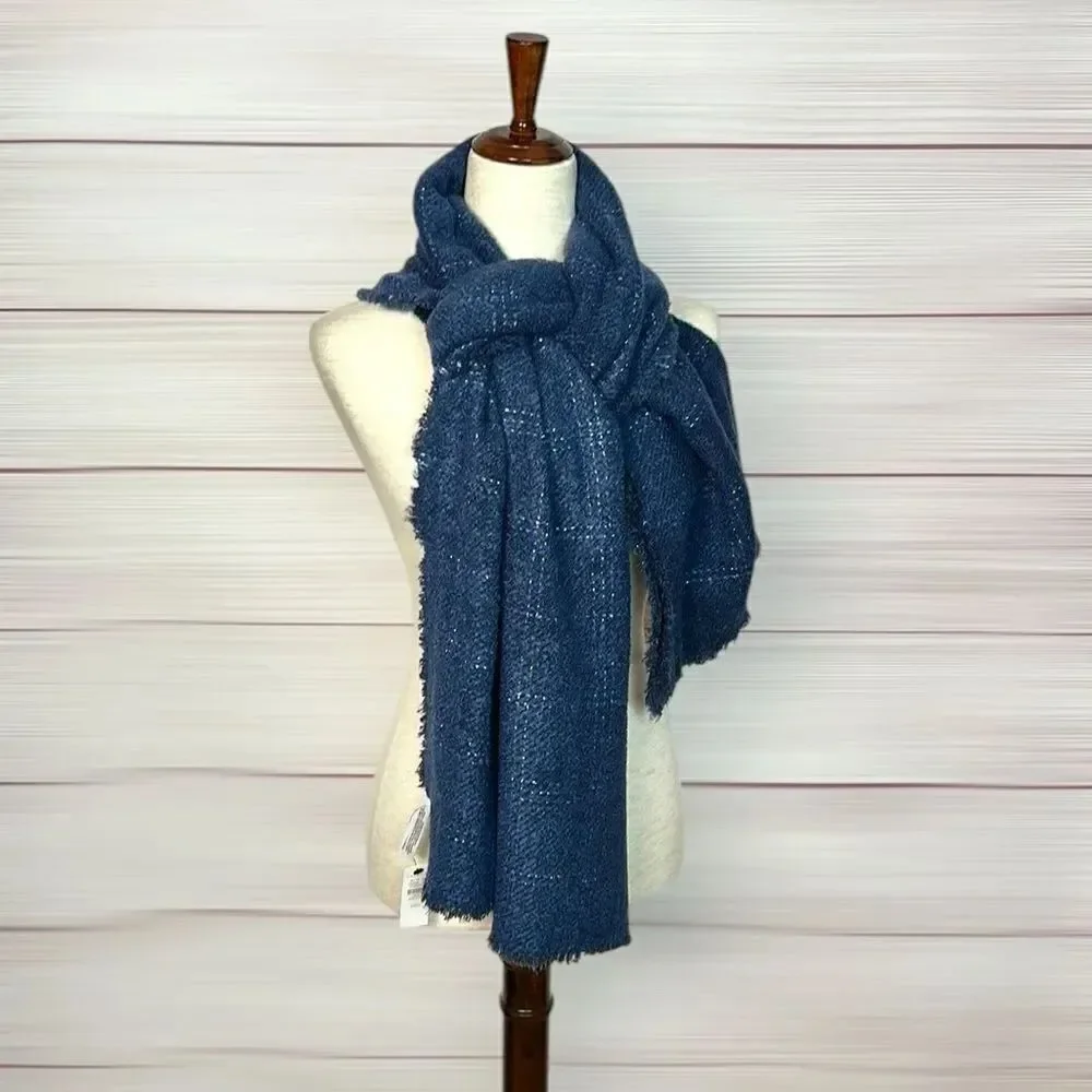 NWT Talbots Blue Wrap Scarf Metallic Windowpane Large Chunky New